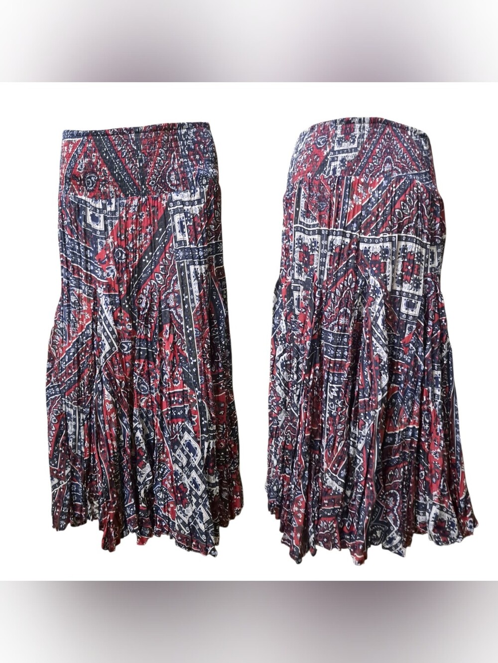 Chelsra & Theodore Pleated Bohemian Maxi Skirt in Red and Navy